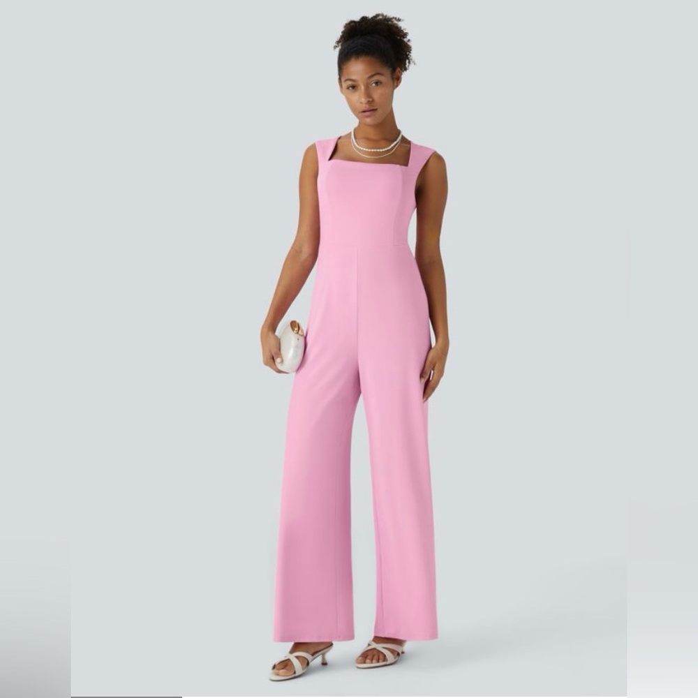 Halara Pink Square Neck Wide Leg Elegant Jumpsuit Women’s M NWT - Picture 1 of 8